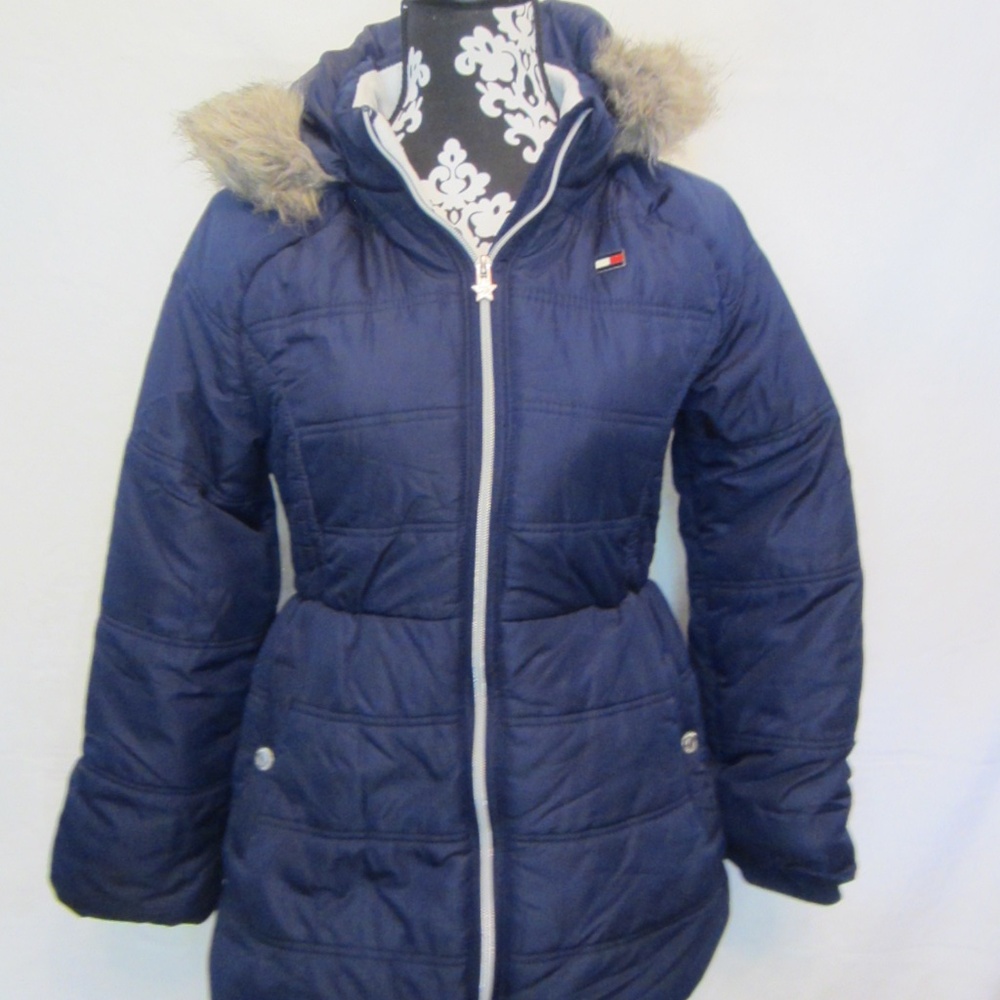 Tommy Hilfiger Fur Hooded Puffer Lined Girl's Jacket Blue L(14/16) Zipper Close